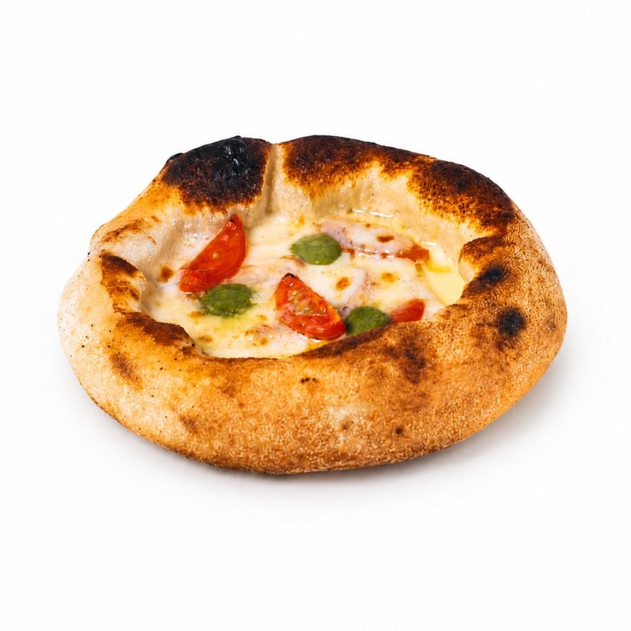 Rounder No. 402 — parmesan cream, Fior Di Latte mozzarella, Bologna mortadella, basil pesto, cherry tomato, Aegina pistachio